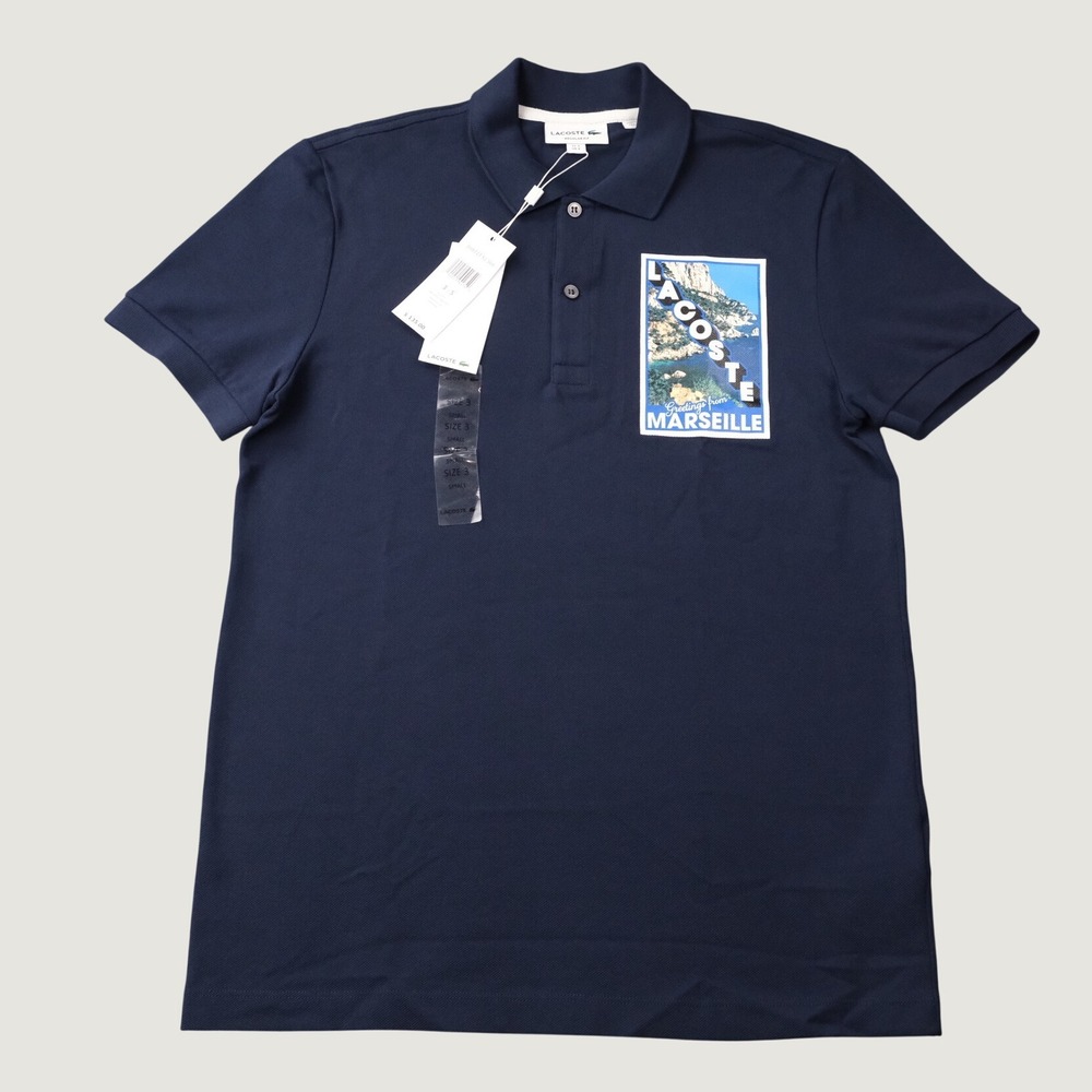 NWT Lacoste Polo Shirt Regular Fit Size S Navy Blue Cotton Marseille Graphic
